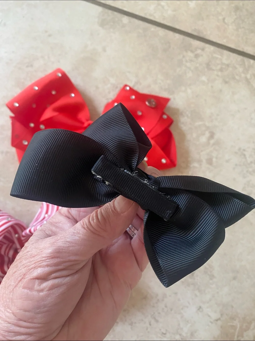 Bundle of 3 Red, Black & Red White Strip Girls Hairbows 2 Large 1 Medium